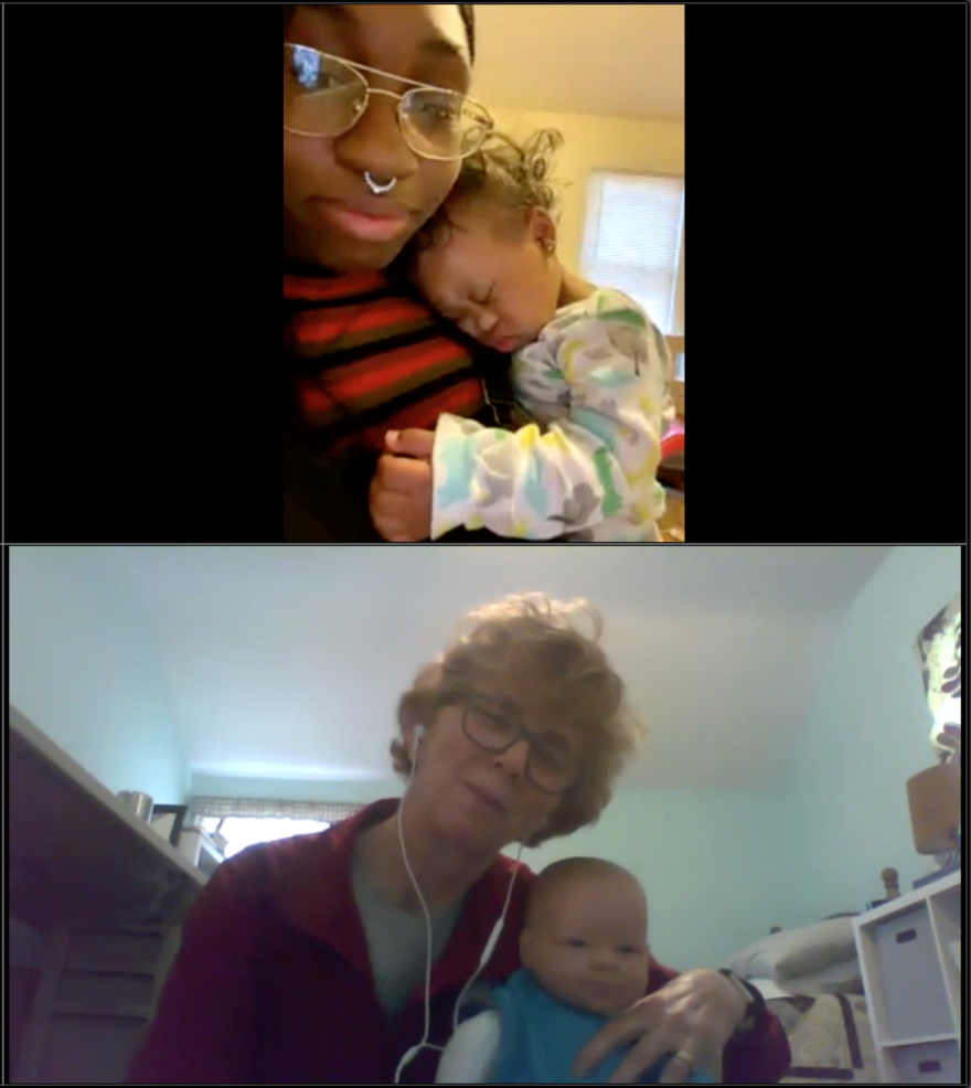 India Hedman holds her daughter, Kaia, who has Down syndrome and is getting teletherapy from Janet Rosenberg, who is holding a doll she uses to show parents how to position their young children.